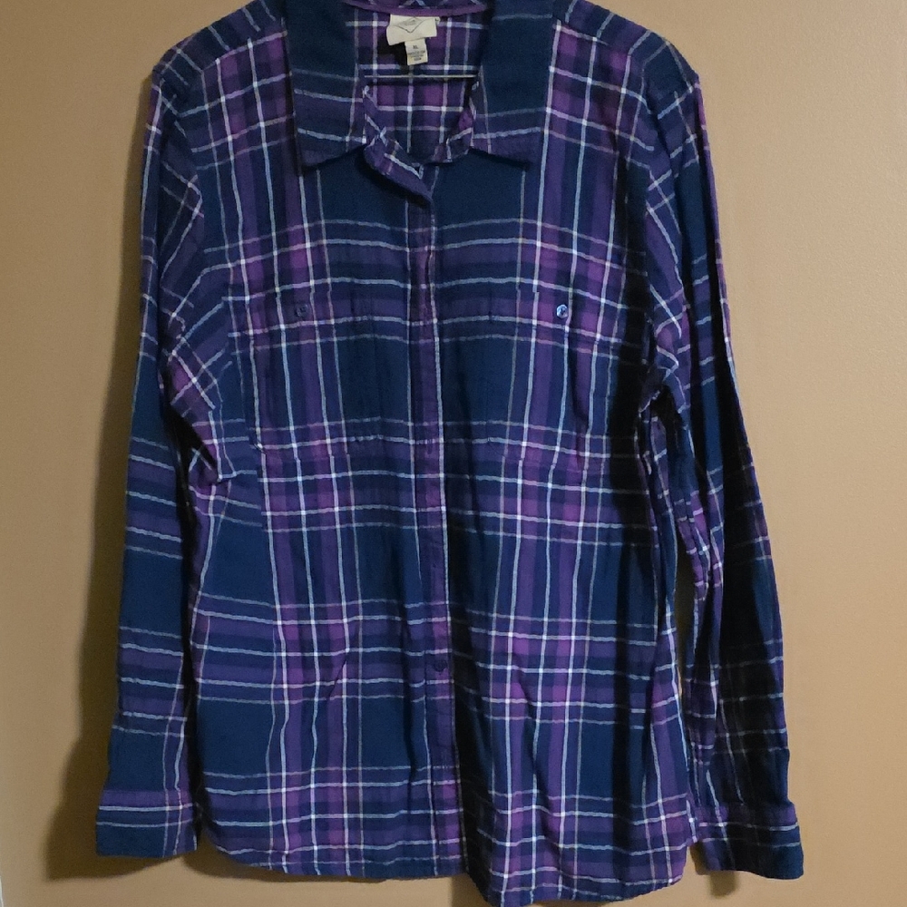 St. John's Bay Navy and Purple Plaid Button-Down Shirt